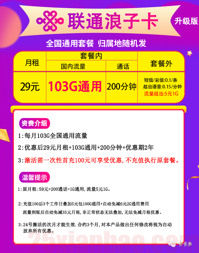 【103G/203G通用】29元四川联通浪子卡包103g通用+200分钟/王炸卡59元203g+200分钟