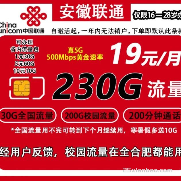 【合肥狂喜】19月租230G超大流量+200分钟，5G优享速率