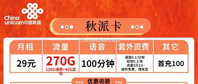 【一次机会】秋派卡29月租270G流量+100分钟通话