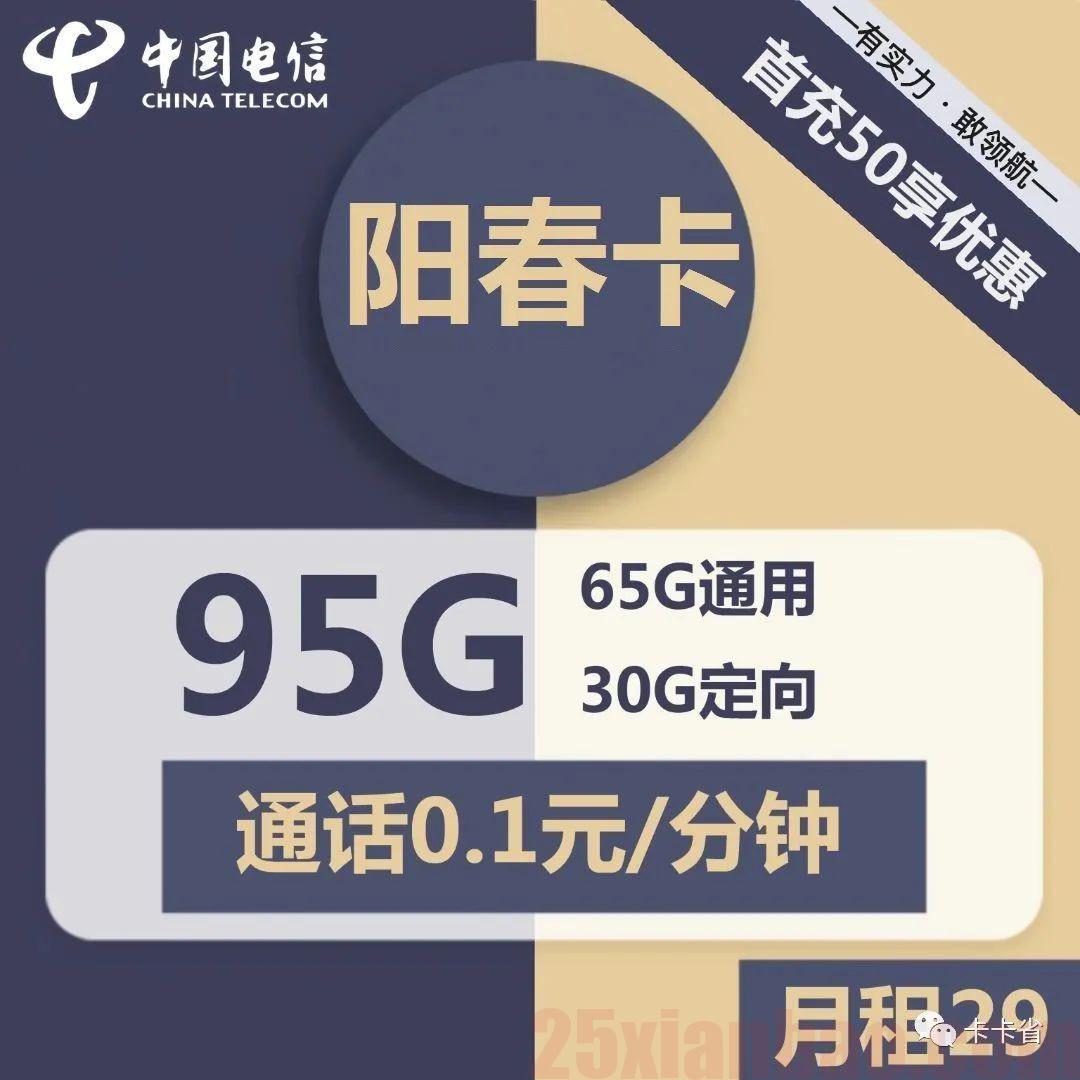【API极速发货】阳春卡29包65G通用+30G定向+0.1元/分钟