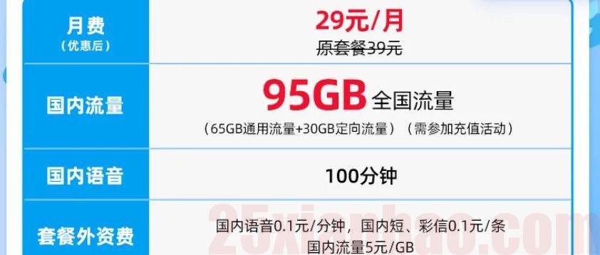 【长期资费】羽星卡29元=95G+100分钟，支持无感销户！