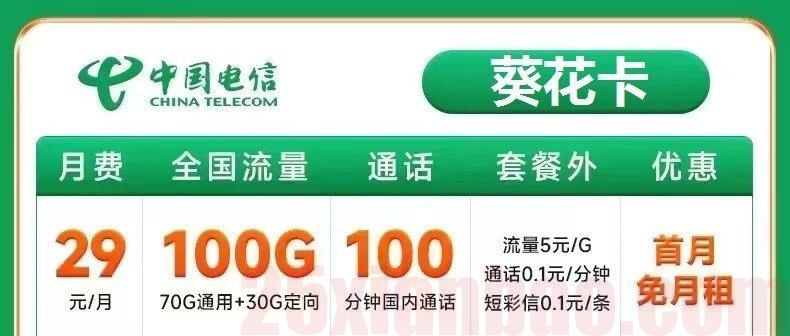29月租=长期100G+100分钟，全能小钢炮。葵花卡，长期套餐踏实用！