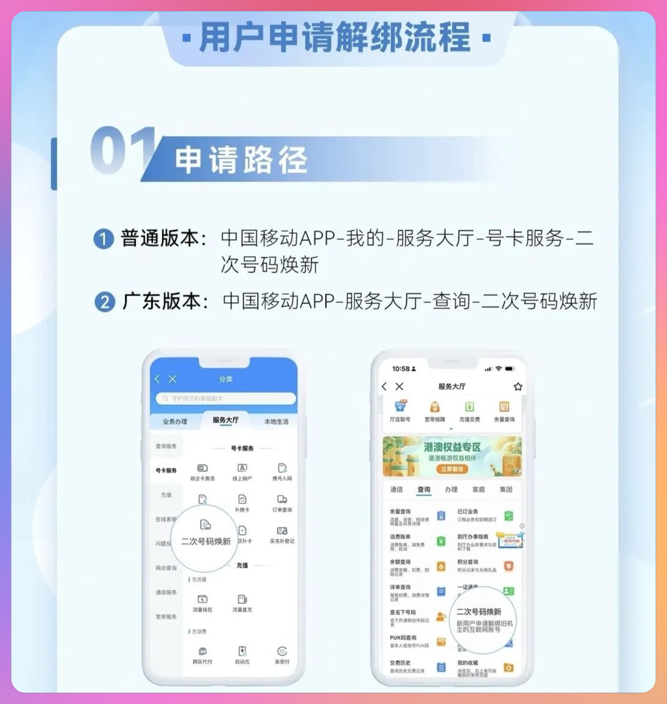 中国移动二次号码焕新服务操作指南