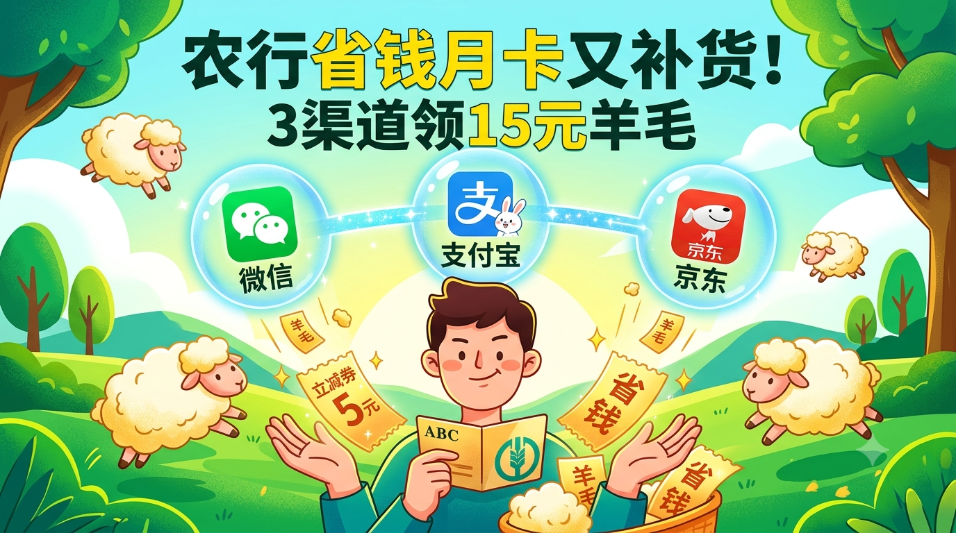 农行省钱月卡羊毛，3渠道15元到手